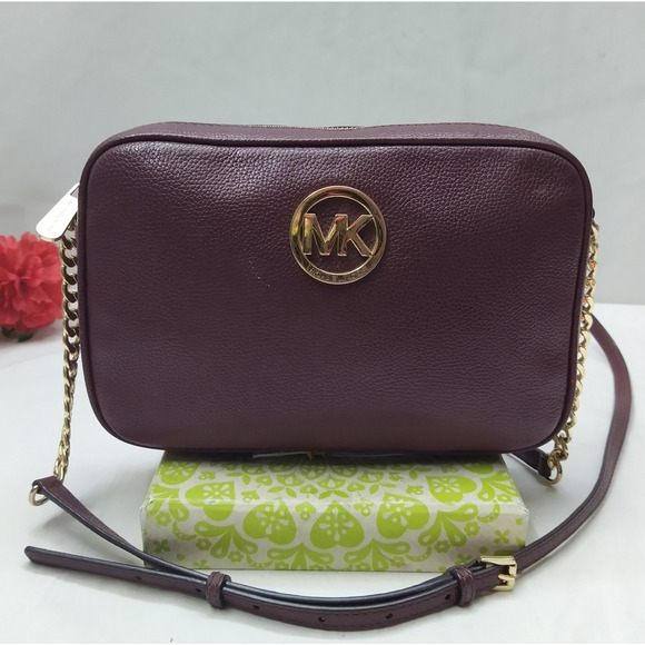 Michael Kors Purple Pebbled Leather Round Logo Zipper Crossbody Bag - Picture 1 of 16